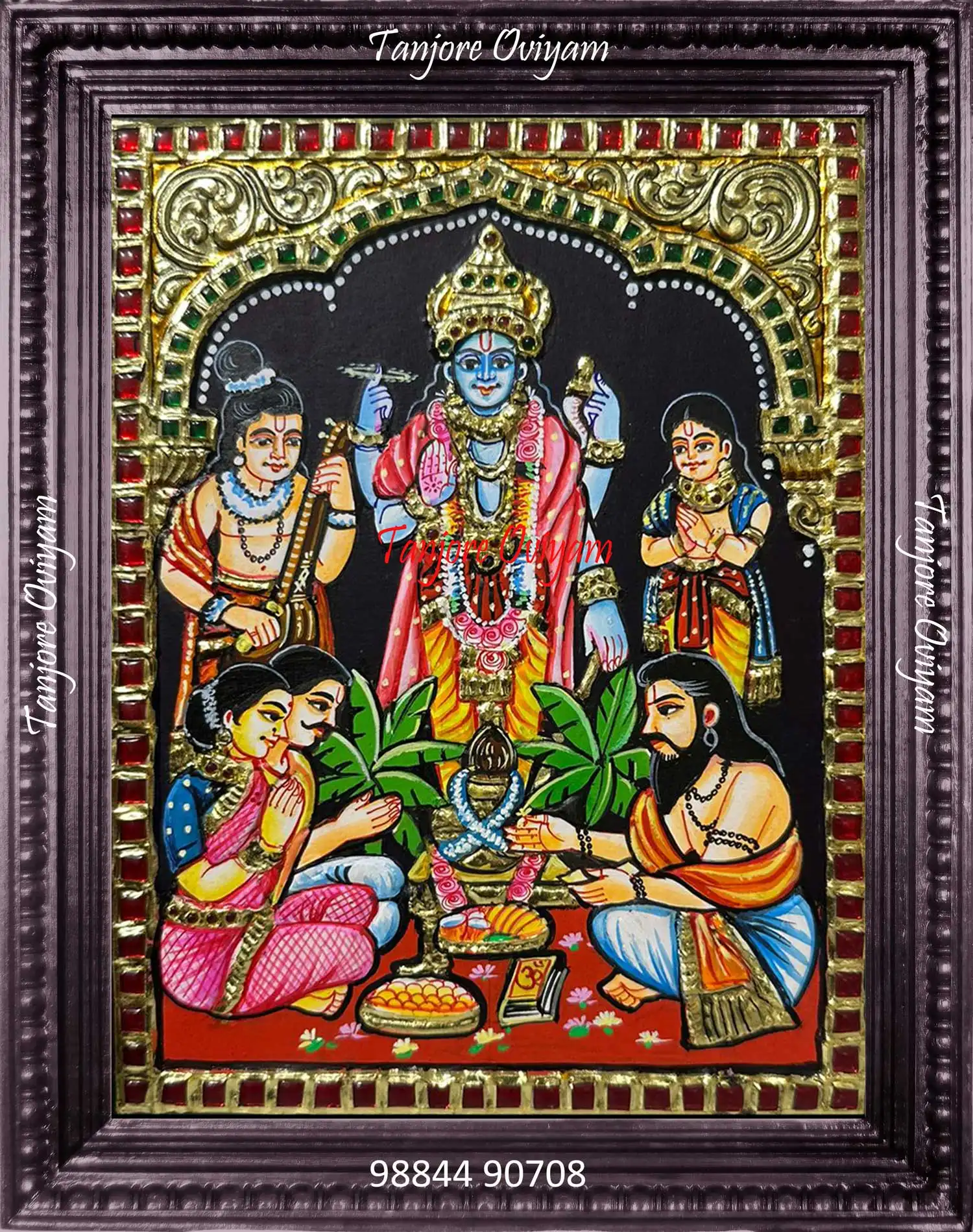 Authentic Sathya Narayana Tanjore painting of Lord Vishnu with devotees performing pooja in traditional gold-embossed artwork.